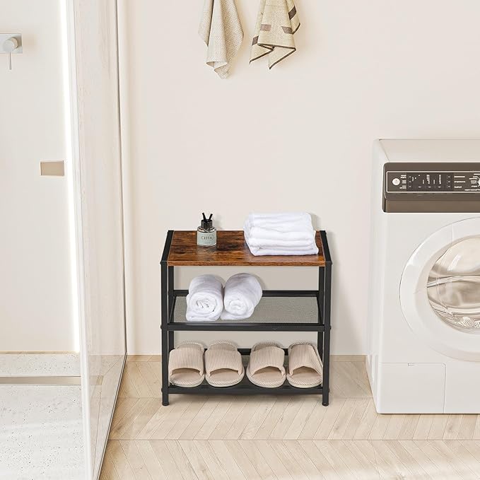 3-Tier Small Shoe Rack Wooden Shoe Shelf Storage for Entryway, Closet, Hallway, and Bedroom, Industrial Shoe Organizer with Sturdy Metal Mesh Shelves