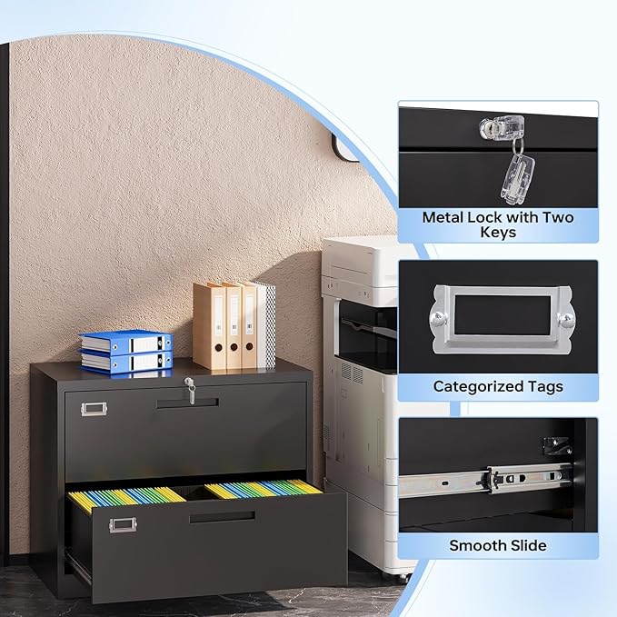 Lateral Filing Cabinet,2 Drawer File Cabinet with Lock,Office Lateral File Cabinets for Legal/Letter A4 Size,Require Assembly, Black