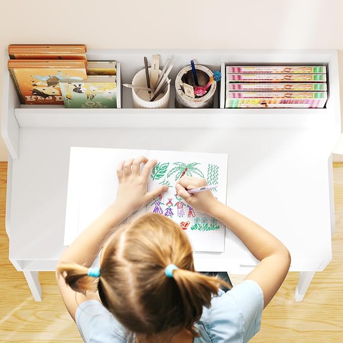 INFANS Table and Chair Set, Toddler Wooden Student Study Desk with Chair Storage Hutch Compartments Drawers for Writing Drawing, Children Furniture for Bedroom School Boys Girls 3+ Years Old (White)