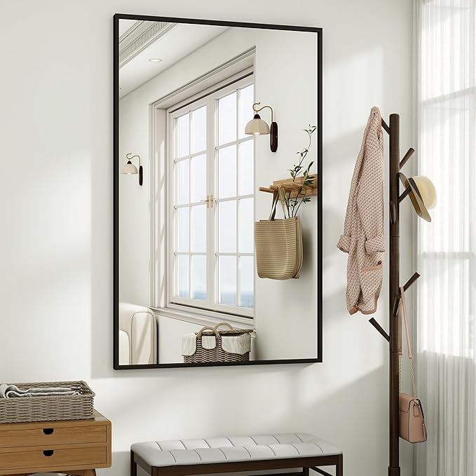 HARRITPURE 48"x30" Framed Bathroom Mirror for Wall Rectangle Mirror Aluminum Alloy Frame Wall-Mounted for Farmhouse Entryway Bedroom Living Room Black
