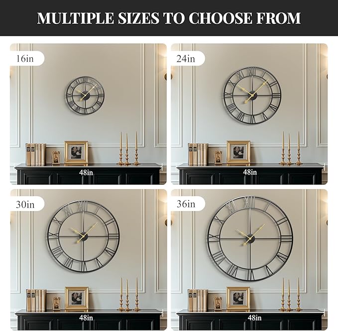 30 Inch Large Wall Clock, Modern Decorative Wall Clocks Silent Non Ticking Battery-Operated, Black Metal Round Clock for Living Room Kitchen Office Mantel - Roman Number
