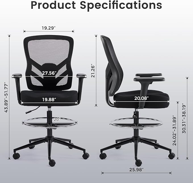 YFO Drafting Chair Tall Office Chair with 3D Armrest for Standing Desk, Mesh Ergonomic Office Chair Adjustable Height with Adjustable Lumbar Support and Footrest Ring, Black