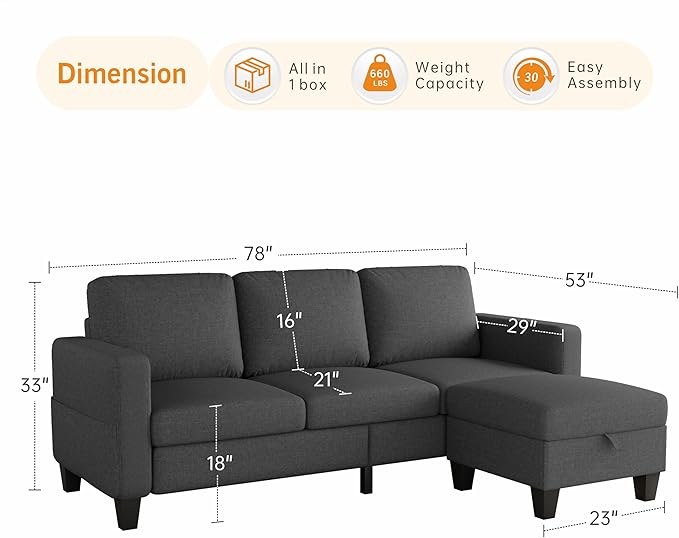 Sectional Sofa Couches for Living Room - 78'' Dark Gray 3 Seat L-Shaped Couch with Storage Ottoman, Modern Linen Convertible Sectionals Sofas with Chaise for Apartment, Office, Small Space