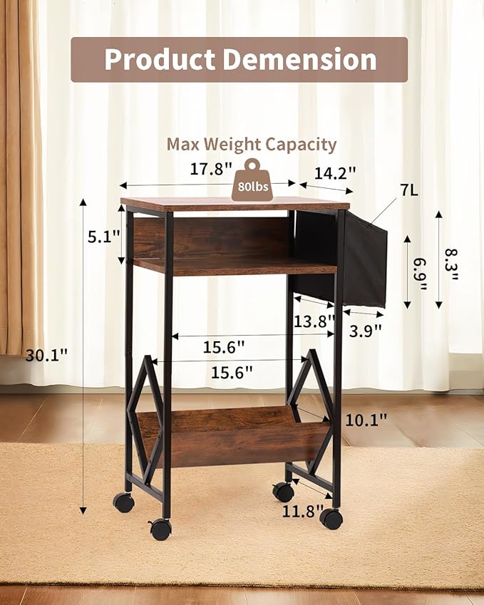 KATHY&BOB 3-Tier Printer Stand Mobile File Cabinet for Home Office with Side Storage Bag, Rolling Filing Cabinet with Open Storage Shelf, Fits A4 or Letter Size, Brown Under Desk Organizer