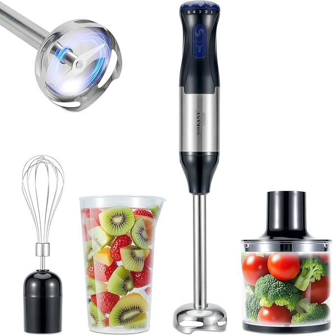 Immersion Blender, 5 Variable Speeds & Turbo, 4-In-1 Stainless Steel Handheld Blender Stick Mixer with Egg Whisk, Beaker & Chopper Bowl