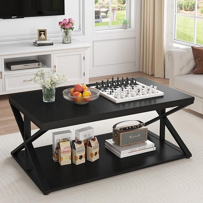 Launica Modern Coffee Table with Storage, Farmhouse Living Room Table, Minimalist Rectangle Center Table, Industrial Vintage Wood Tea Table, 39 Inch, Black Oak