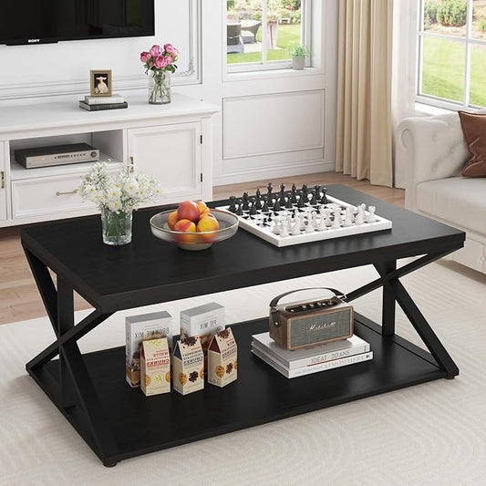 Launica Modern Coffee Table with Storage, Farmhouse Living Room Table, Minimalist Rectangle Center Table, Industrial Vintage Wood Tea Table, 39 Inch, Black Oak