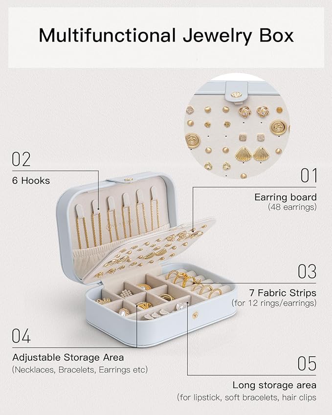 Vlando Travel Jewelry Case, PU Leather Travel Jewelry Box with Earring Holder, Portable Display Mini Jewelry Case for Mothers Day Women Girls Gift - Blue