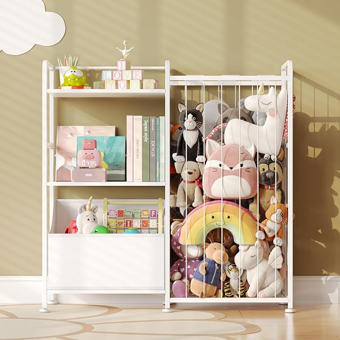 BBLIKE Stuffed Animal Storage - Stuffed Animal Net with Kids Bookshelf and Toy Organizer, 2-Tier White Bookshelf with Stuffed Animal Holder and Fabric Toy Chest for Kids Room, Playroom, Nursery, White