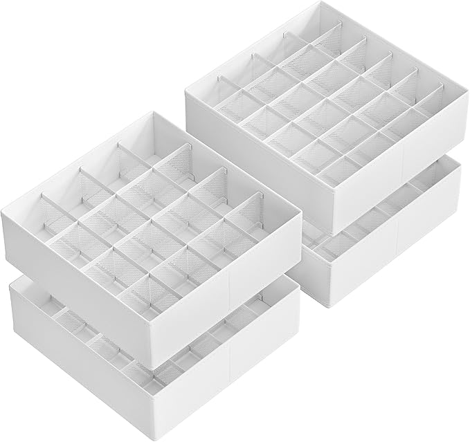 SONGMICS Set of 4 Underwear Organizers, Drawer Organizers, Dresser Closet Storage, 80 Cells (2x16+2x24), Foldable Dividers, 11.8 x 11.8 x 3.9 Inches, for Socks, Ties, Belts, Cloud White URUS011W01
