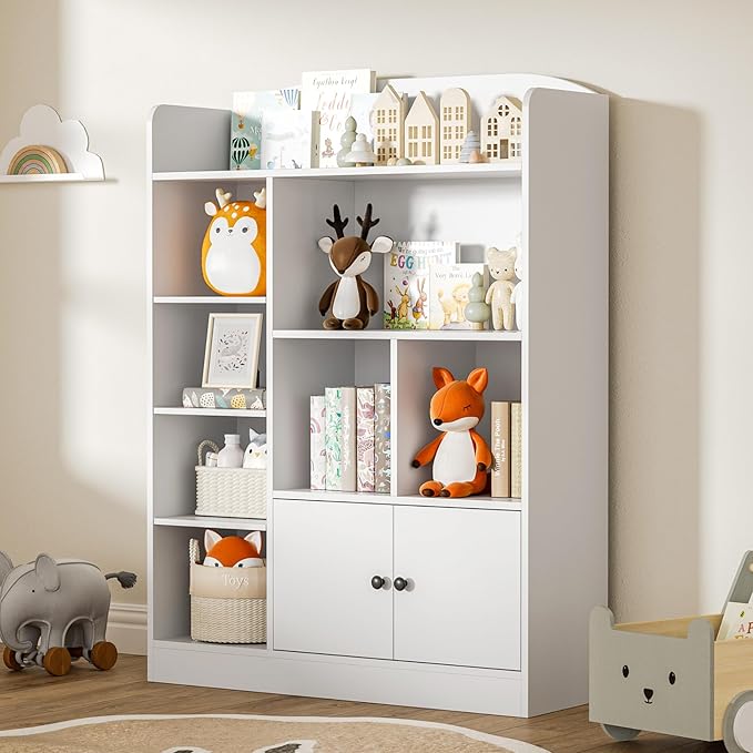 White Kids Bookshelf, Kids Bookcase with 7 Cubbies and 2 Cabinets, Freestanding Book Storage Shelves for Bedroom, Playroom, Hallway