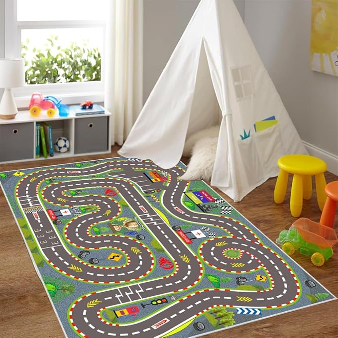 Kids Rug, Race Track Playmat Rugs 118×78 in Kids Carpet with Rubber Backing, Start and Finish line Racing Track Marking Car Road Race 3D Play Mat Nursery Rugs for Children Bedroom Playroom