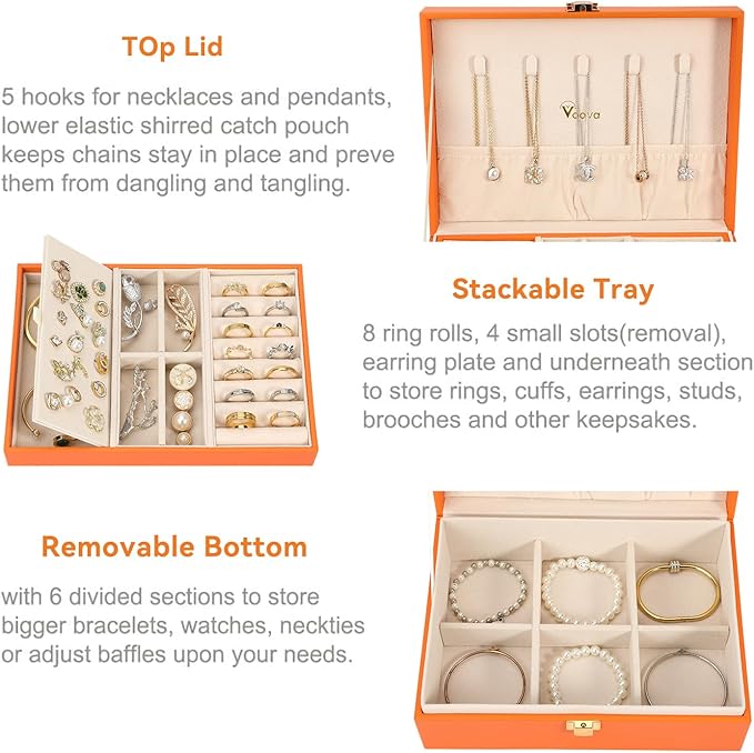 Voova Jewelry Box Organizer for Women Girls, 2 Layer Large Men Jewelry Storage Case, PU Leather Display Jewellery Holder with Removable Tray for Necklace Earrings Rings Bracelets, Vintage Gift,Orange