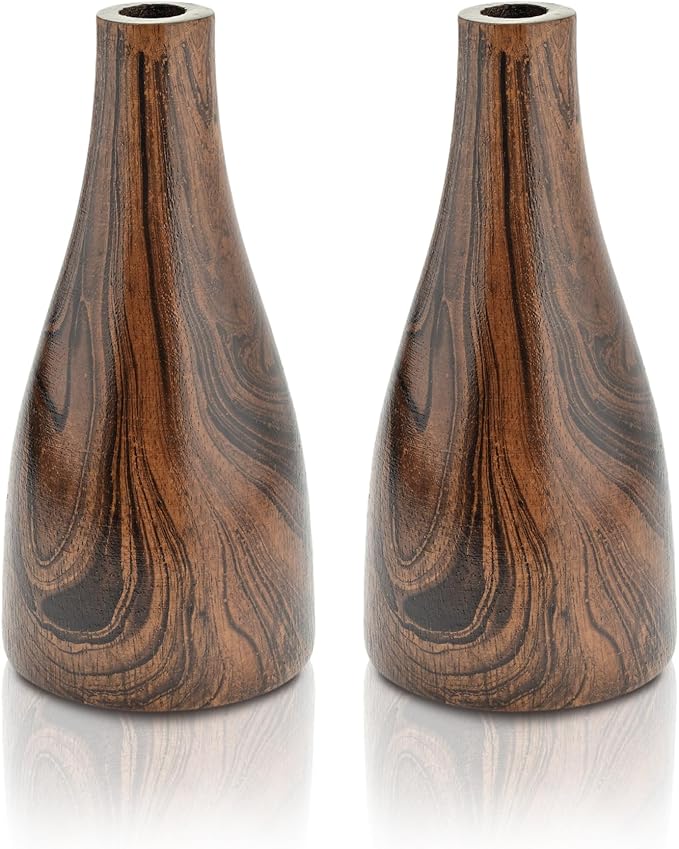 Aeravida Artistic Grain Pattern Natural Mango Tree Wood Flower Set of 2 Vase | Modern Farmhouse Home Décor | Kitchen Bedroom Living Room Home Decoration