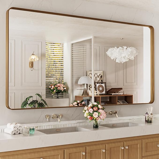 LOAAO 72X40 Inch Bathroom Mirror with Wood Grain Colored Metal Frame, Rounded Rectangle Metal Framed Bathroom Mirror, Anti-Rust, Hangs Horizontally or Vertically, Tempered Glass