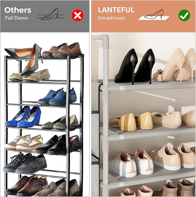 6 Tier Shoe Rack Storage for 24-30 Pairs Shoe and Boot, Shoe Organizer with Hook and Side Pocket Free Standing Long Shoe Shelf Tall Shoe Rack Organizer for Closet, Entryway, Dorm, Grey