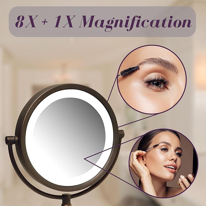 JERDON 8.5" Vanity Mirror with LED Lighting - 1X and 8X Magnification - Bronze Makeup Mirror - Model HL8808BZL