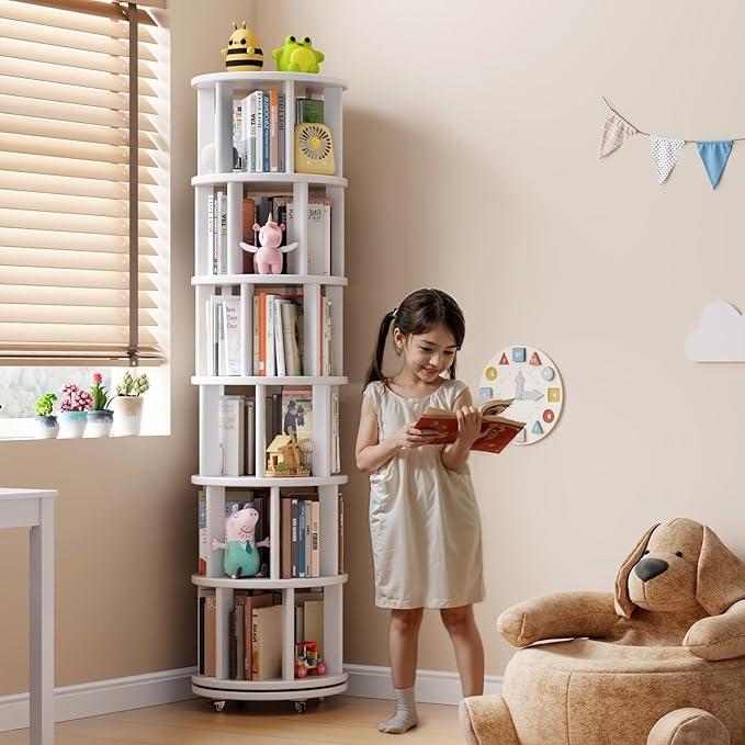 Solid Wood Rotating Bookshelf on Wheels, 6 Tier, Round Revolving Bookcase, 360° Spinning Book Shelf Tower for Kids, Narrow Rolling Bookshelves for Small Space, Corner, Bedroom, Office, White