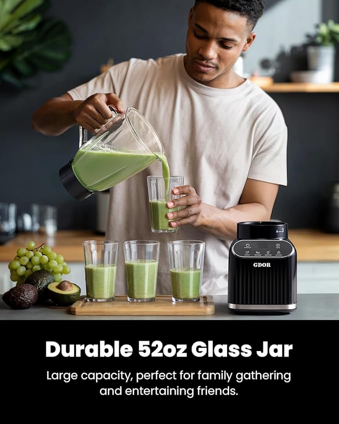 GDOR Professional Blender for Smoothies, 5 Functions, 1200 Peak Watts Smoothie Blender, 52 Oz Glass Jar & 24 Oz To-Go Cup Combo, Blenders for Smoothies, Ice and Frozen Fruit, Self-Cleaning