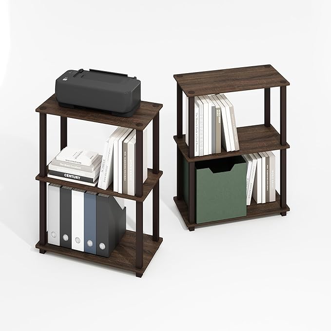 Furinno Turn-S-Tube 3-Tier Compact Multipurpose Shelf Display Rack with Square Tube, Black Walnut/Brown, Set of 2
