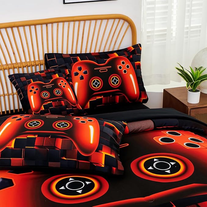 PERFEMET Full Bedding Sets for Boys 6 Pcs Orange Game Kids Bed in A Bag with Sheet Set Lightweight Soft 3D Cool Gaming Bed Set for Teens Bedroom(Orange, Full)
