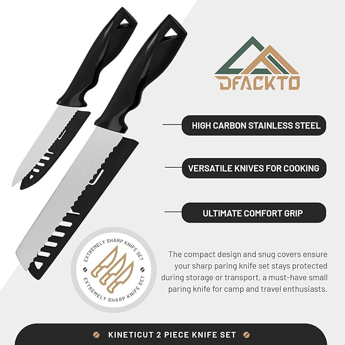 2-Piece Serrated Knife Set – Stainless Steel Kitchen Cooking Knives w/Protective Covers, Dishwasher Safe, No Block, Sharp Cutlery for Slicing Bread, Cooking Fruit & Steak w/Sheath - Black