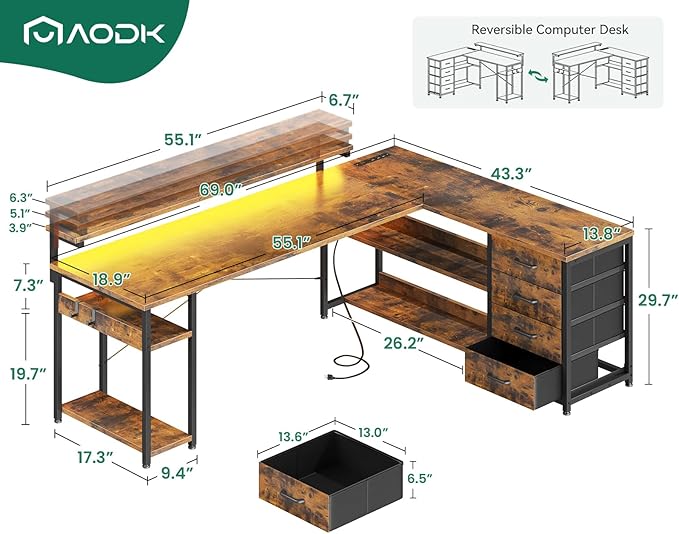 AODK 69" L Shaped Desk with Drawer, Computer Desk with Power Outlets & LED Lights, Reversible Corner Gaming Desks for Home Office Workstation, Office Table with Monitor Shelf, Vintage