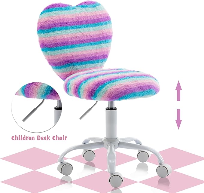 Kmax Kids Reading Chair, Rolling Cute Desk Chair for Girls Swivel Office Chair with Wheels & Heart Back Adjustable Childrens Vanity Chair for Bedroom Reading Room - Faux Fur, Rainbow