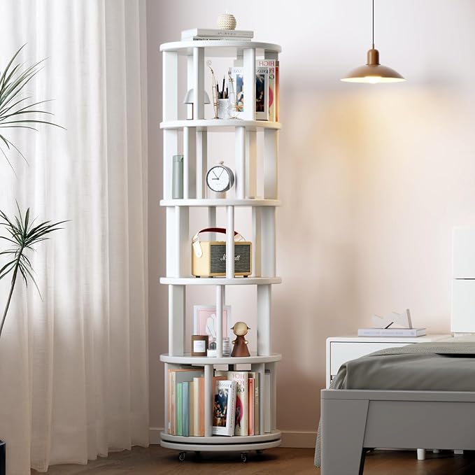 Solid Wood Rotating Bookshelf on Wheels, 5 Tier, Round Revolving Bookcase, 360° Spinning Book Shelf Tower for Kids, Narrow Rolling Bookshelves for Small Space, Corner, Bedroom, Office, White