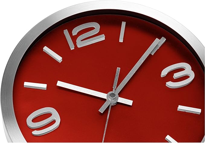 Bernhard Products Metal Wall Clock Modern Silver & Wine 10 Inch Silent Non Ticking, Red Round Elegant Quality Quartz Battery Operated for Home Kitchen Living Room Office, 3D Numbers