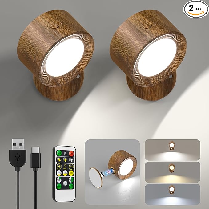 Lightbiz LED Wall Lights, Wall Sconces 2 Pcs with Remote Rechargeable Battery Operated, 3 Color Temperatures & Dimmable Wall Lamp Magnetic 360° Rotation Wireless Light for Bedroom Living Room
