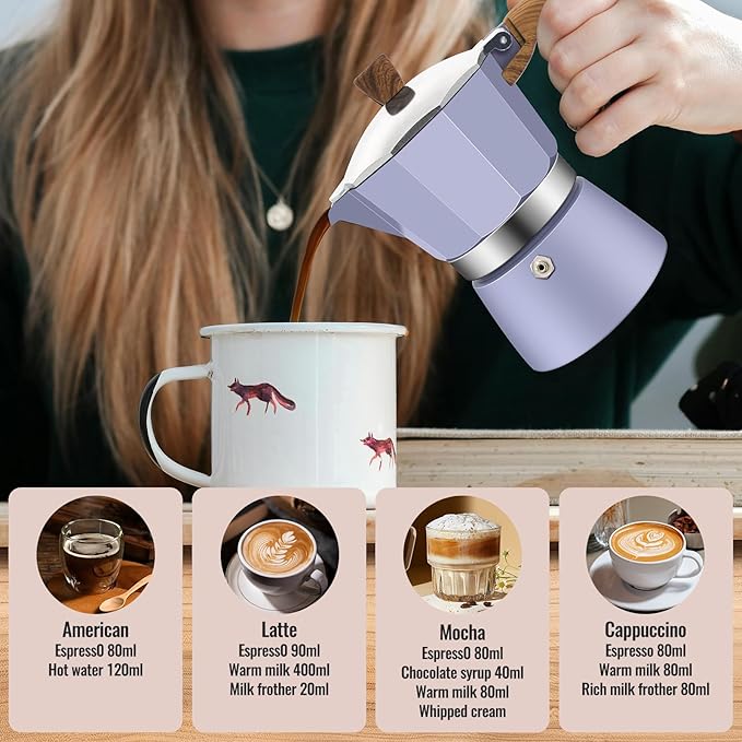 3 Cup Aluminum Moka Pot Purple Classic Stovetop Espresso Coffee Maker 150ml 5oz Coffeemaker Percolator Mocha Pot Greca Coffee Maker Cafe Makers for Italian and Cuban Café Brewing Purple