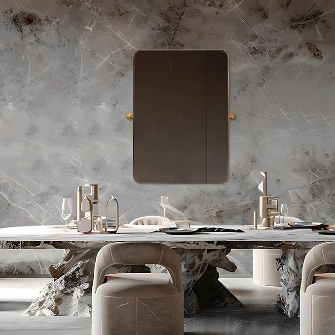 ANDY STAR 28"x36" Brushed Gold Bathroom Mirror for Wall, Brass Metal Framed Pivoting Bathroom Vanity Mirror with Rounded Corner, Tilt Rectangle Wall Mirrors Hangs Vertically Only(Overall 31.75" x 36")