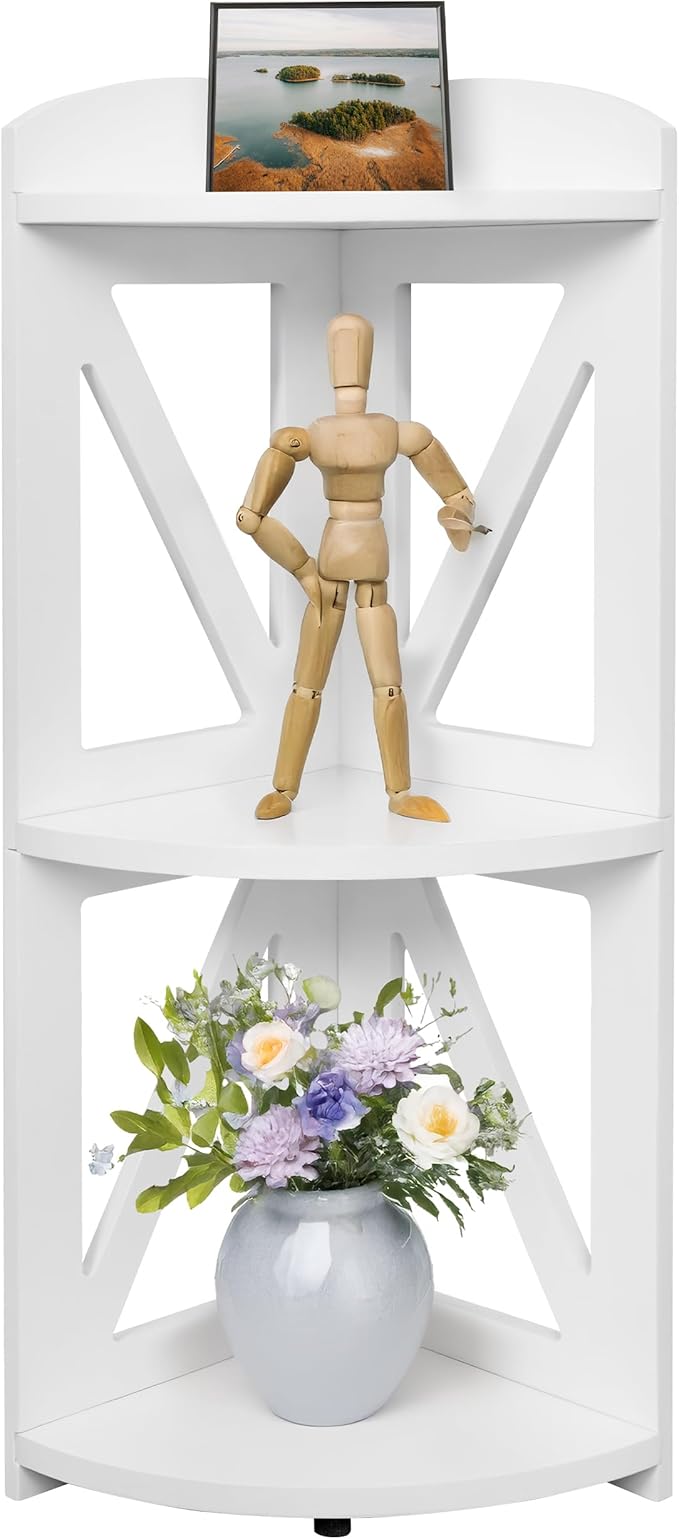 Corner Shelf Stand, Corner Bookshelf, Small Corner Shelves by Natural Wood, Plant Stand, Corner Bookcase for Living Room, Home Office, Bedroom, (White, 3 Tier)