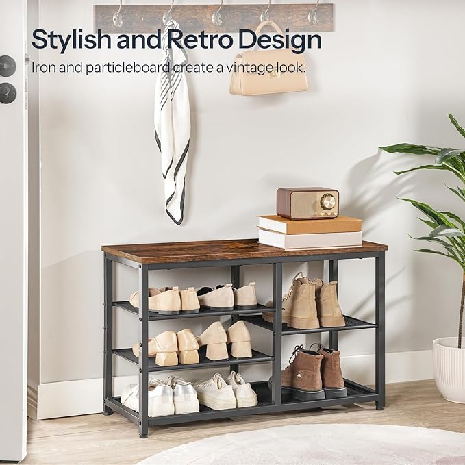 HOOBRO Shoe Bench, 5-Tier Shoe Rack Bench, Entryway Bench with Shoe Storage, Shoe Storage Organizer, 31.5" L Shoe Storage Bench for Entryway, Hallway, Space Saving, Rustic Brown and Black BF36HX01