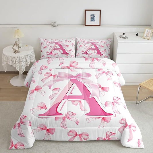 jejeloiu Kids Girls Cute Pink Bow Comforter Set Toddler Size Monogrammed Bedding Set Ultra Soft Personalized Initial A Duvet Quilt Coquette Bow Knot Quilt Set Room Decor Modern Fashion Comforter