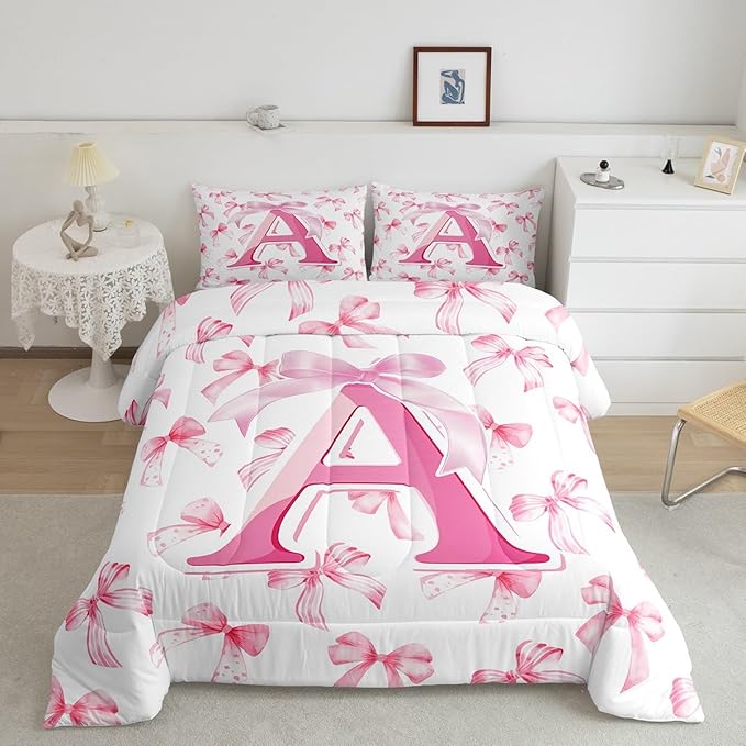 jejeloiu Kids Girls Cute Pink Bow Comforter Set King Size Monogrammed Bedding Set Ultra Soft Personalized Initial A Duvet Quilt Coquette Bow Knot Quilt Set Room Decor Modern Fashion Comforter