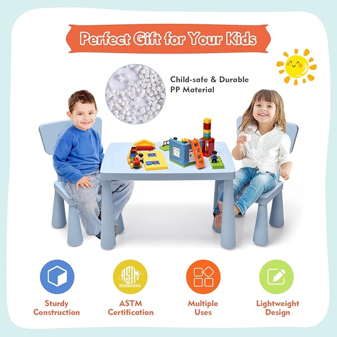 LDAILY Kids Table and Chairs, 3-Piece Children Arts Nursery Furniture for Drawing, Reading, and Painting, Light Weight Plastic Activity Kids Desk and Chair Set for Playroom, Kindergarten (Blue)