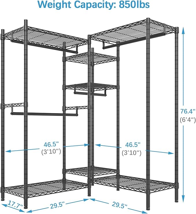 VIPEK L6 Heavy Duty Clothes Rack L Shape Clothing Rack 5-Tier Wire Garment Rack Freestanding Closet with 7 Adjustable Shelves & 4 Hanging Rods, 46.5" L x 46.5" W x 76.4" H, Max Load 850LBS, Black