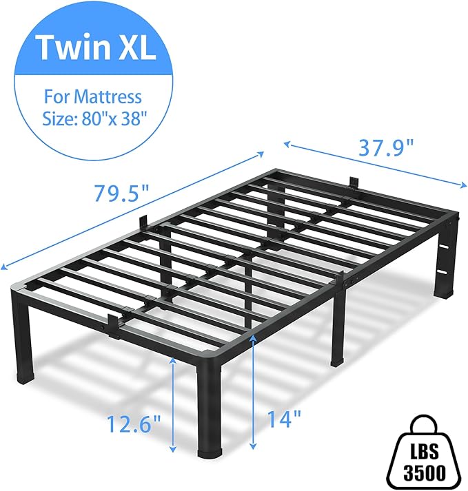 14 Inch Twin XL Bed Frame, 3500Lbs Heavy Duty Metal Platform with Round Corner Legs Mattress Slide Stopper, Steel Slat Support No Box Spring Needed, Noise Free, Non-Slip, Easy Assembly