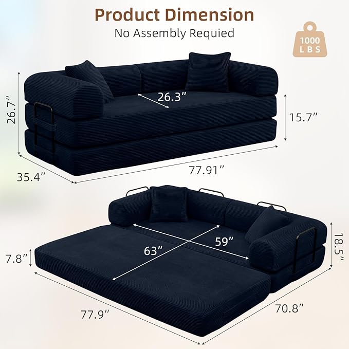 Rovibek 4-in-1 Convertible Sleeper Sofa Bed Queen Size, Foldable Floor Couch Corduroy, Folding Futon Sofa Beds with Pillow and Fixed-Shape Frame, Suitable for Living Room, Bedroom, Lounge, Dark Blue