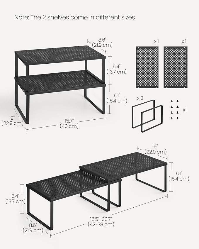 SONGMICS Spice Racks, Set of 2 Metal Cabinet Shelf Organizers, Countertop Organizers, Shelf Risers, Stackable, Expandable, Ink Black UKCS401B01