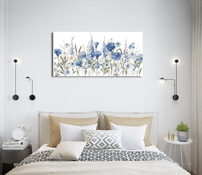 arteWOODS Elegant Flowers Wall Art - Blue White Botanical Pictures for Wall Decor Floral Blossom Canvas Painting Print Artwork for Living Room Bedroom Home Office Wall Decoration 20" x 40"