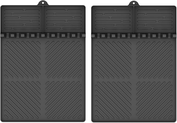 Silicone Griddle Tools Mat for Blackstone, Griddle Accessories Side Shelf Mat Grill Pad for Outdoor Grill Kitchen Counter Spatula Silicone Mat with Drip Pad (Black (2Packs))