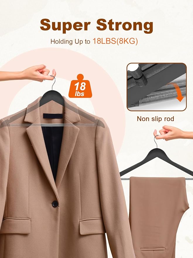 HOUSE DAY Black Wooden Hangers 10 Pack, Solid Wood Hanger with Non Slip Pant Bar, Heavy Duty Wooden Coat Hanger for Closet, Smooth Finish Wood Clothes Hangers for Shirts, Suits, Jackets, Dress
