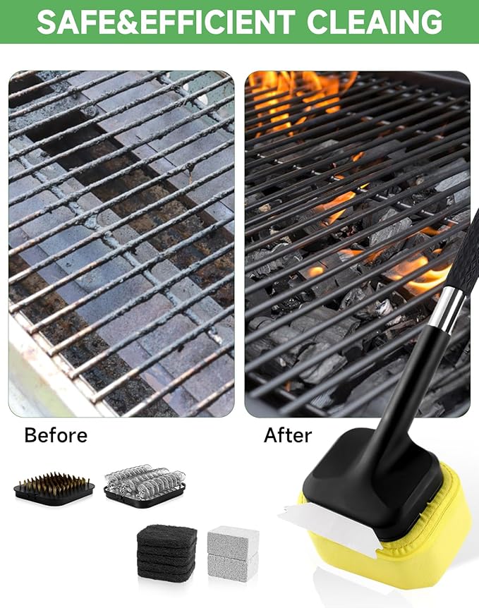 Grill Brush Cleaning BBQ Outdoor: GEEKHOM Bristle-Free Steam Scraper for Cast Iron/Stainless Grates - Perfect for Game Day, Camping & Family BBQ