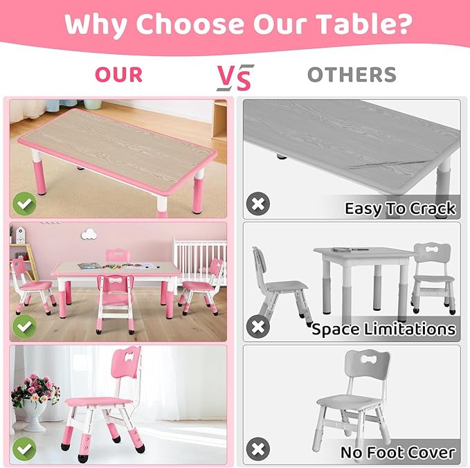 Arlopu Kids Table and 4 Chair Set, Height Adjustable Toddler Table and Chair Set, Non-Slip Legs, Graffiti Desktop, Large Children Activity Table, Reading Daycare Classroom Home (Pink)