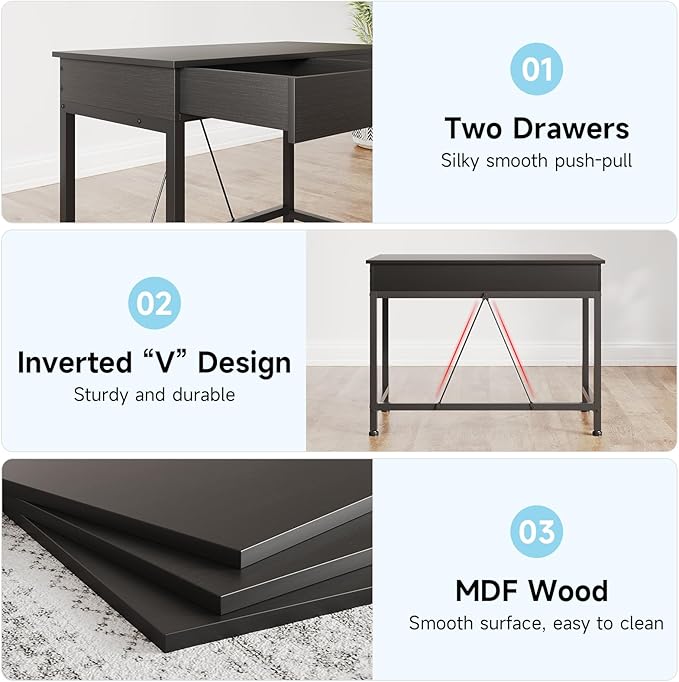 Mexin Small Black Desk with 2 Wooden Drawers, 40 Inch Home Office Writing Desk, Black Vanity Desk with Storage, Computer Desk for Bedroom Small Spaces, Table for Office, Work, Kids Study, Makeup