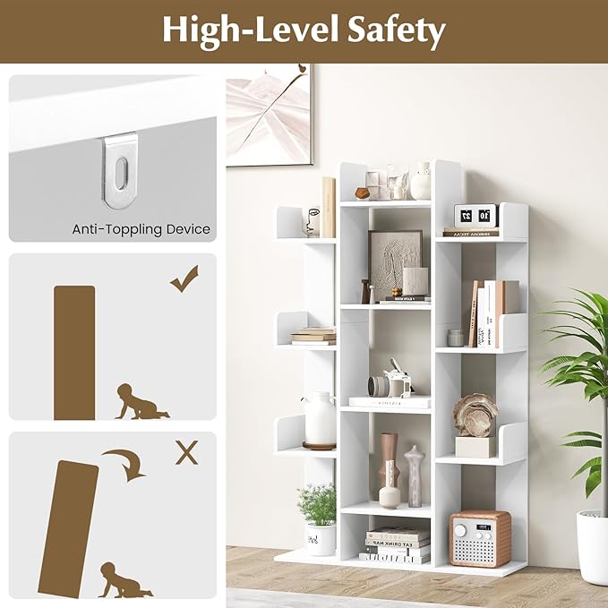 Tangkula White Tree Bookshelf, Freestanding Corner Storage Organizer with 13 Open Shelves, Decorative Display Cube Shelf for Living Room, Study, Office, 34 x 9.5 x 55.5 Inch (1, White)