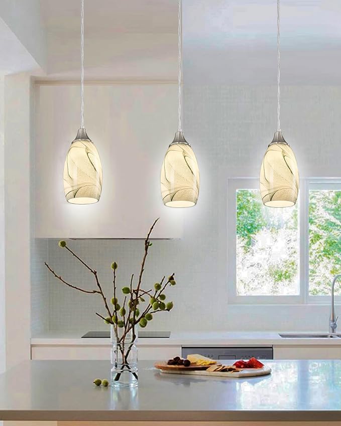 Mini Pendant Lights Kitchen Island Light Brown Glass Lamp Shade Hand Blown Glass Pendant Light with Brush Nickel Finish Adjustable Cord for Kitchen Over Sink (Green Marble-3Packs)